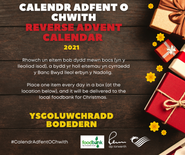 Calendr Adfent o chwith Ysgol Uwchradd Bodedern